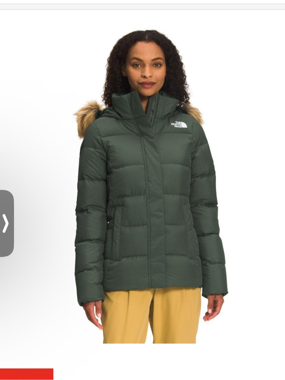The North Face Women's Gotham green Insulated Puffer Jacket with Faux-Fur Trim